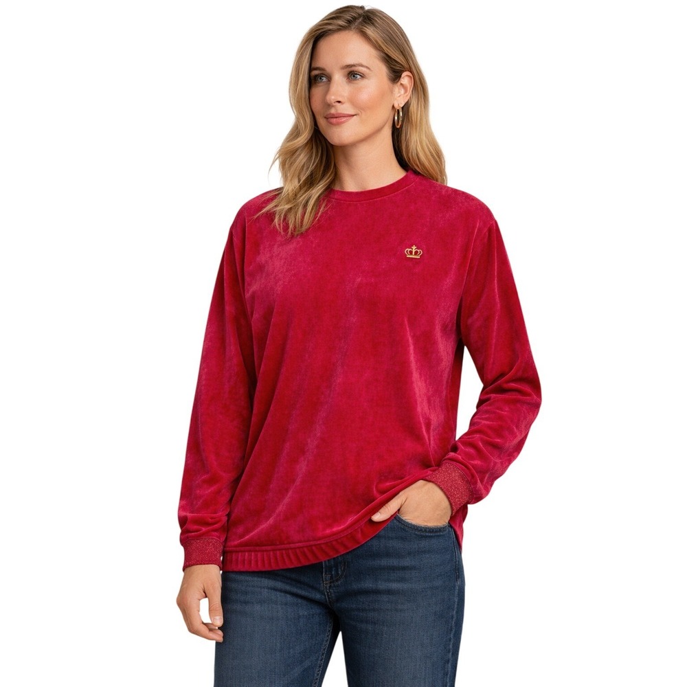 Juicy Couture Velour Sweatshirt Womens XL Pink Gold Crown Logo Glitter Cuffs
